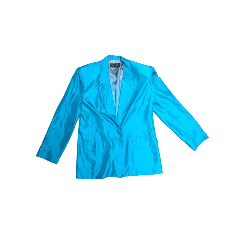August Silk Diane Gilman Turquoise 100% Silk Blazer Jacket Womens‎ Large L Blue